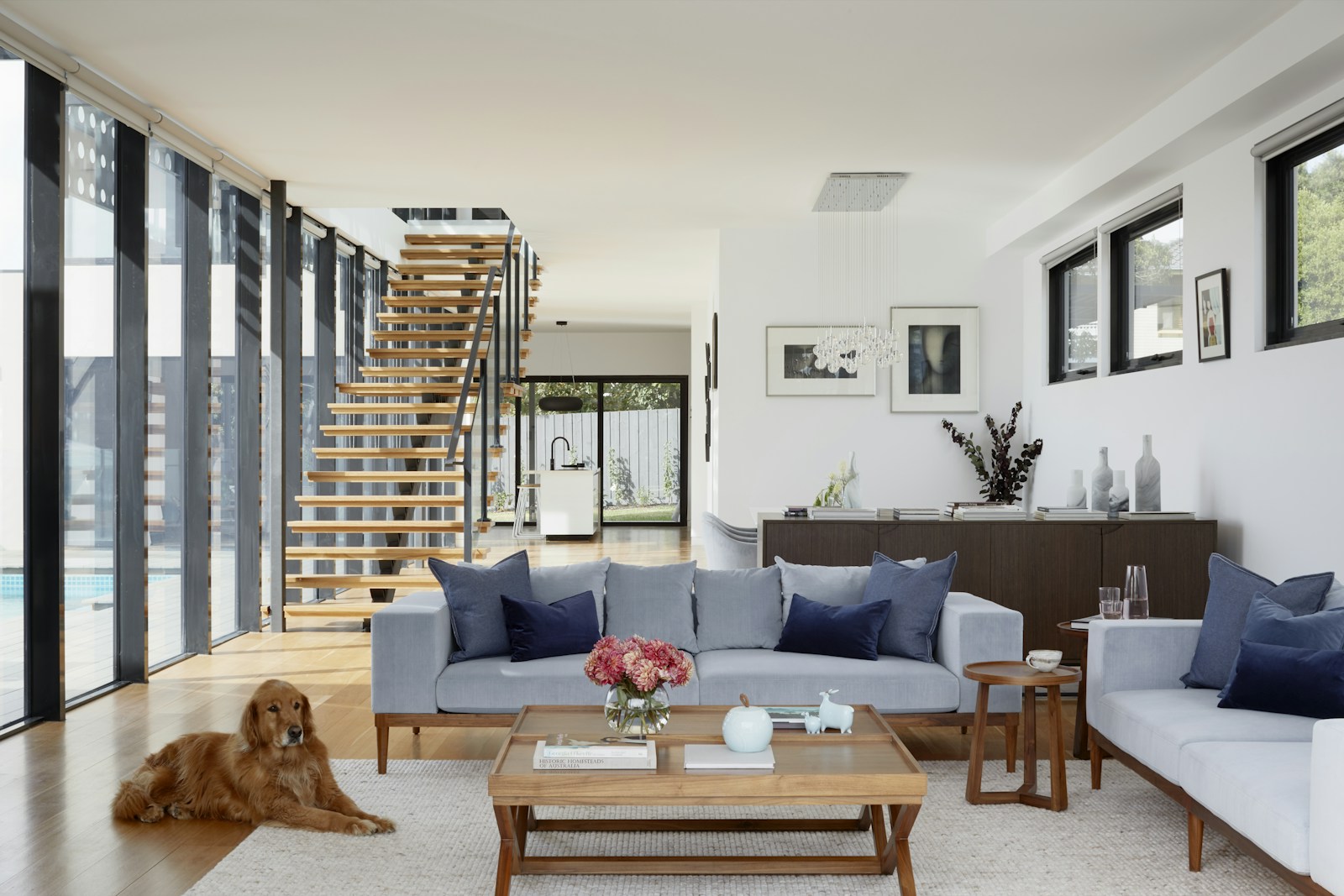 Bright living room with blue cushions